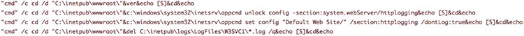 Figure 4. Threat actor using appcmd to delete logs and disable logging.